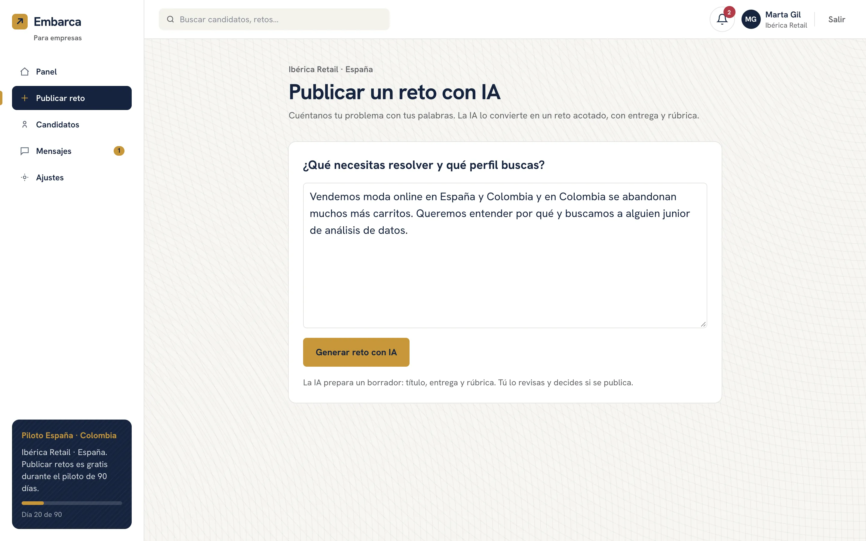 The form for publishing a challenge with AI, with a free text box