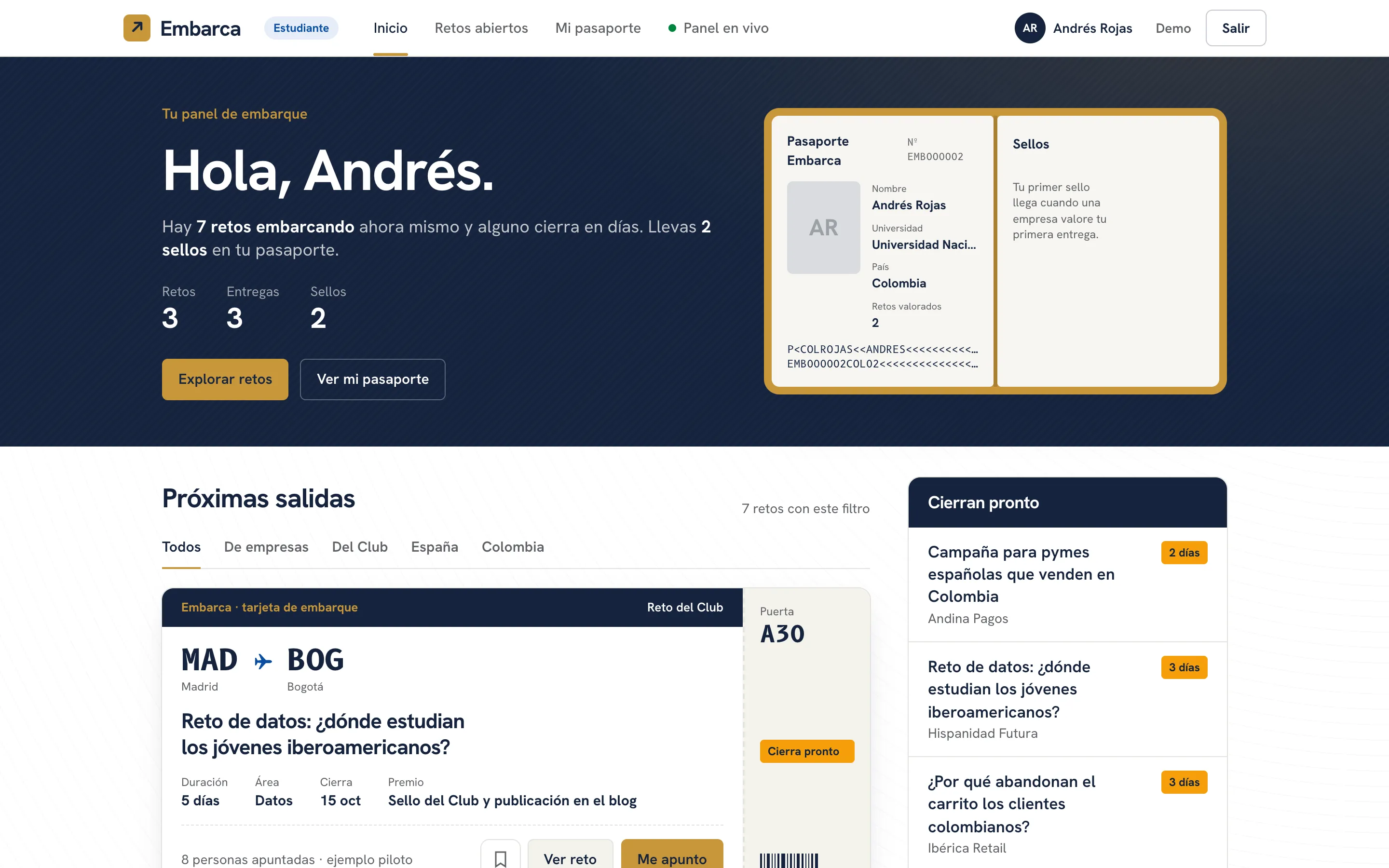 The student's home: a greeting, their numbers and upcoming departures as boarding passes