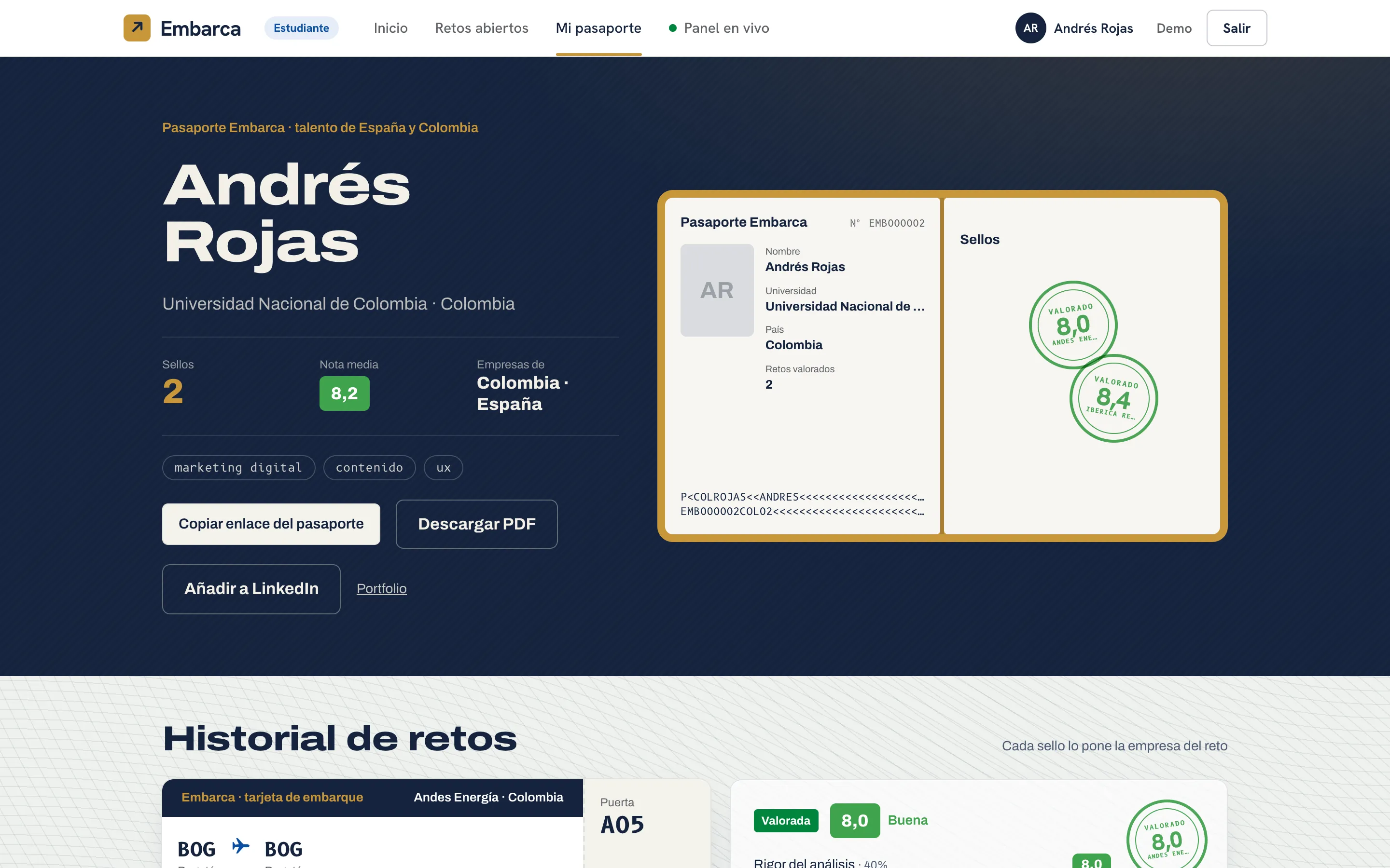 Andrés Rojas's passport, with two stamps, his average score and his history of challenges