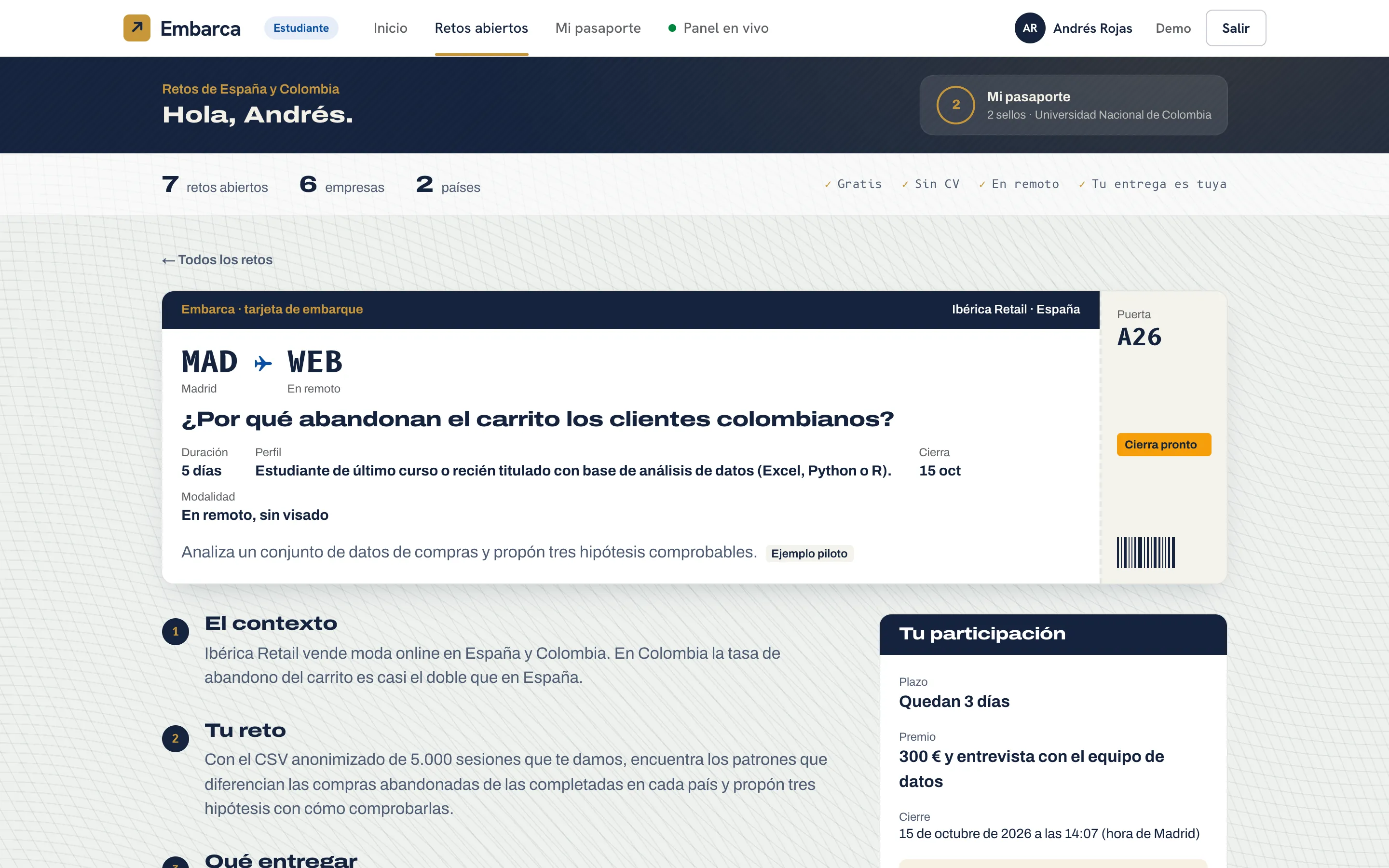 An open challenge as a boarding pass from Madrid to web, with its context, the task and the deadline