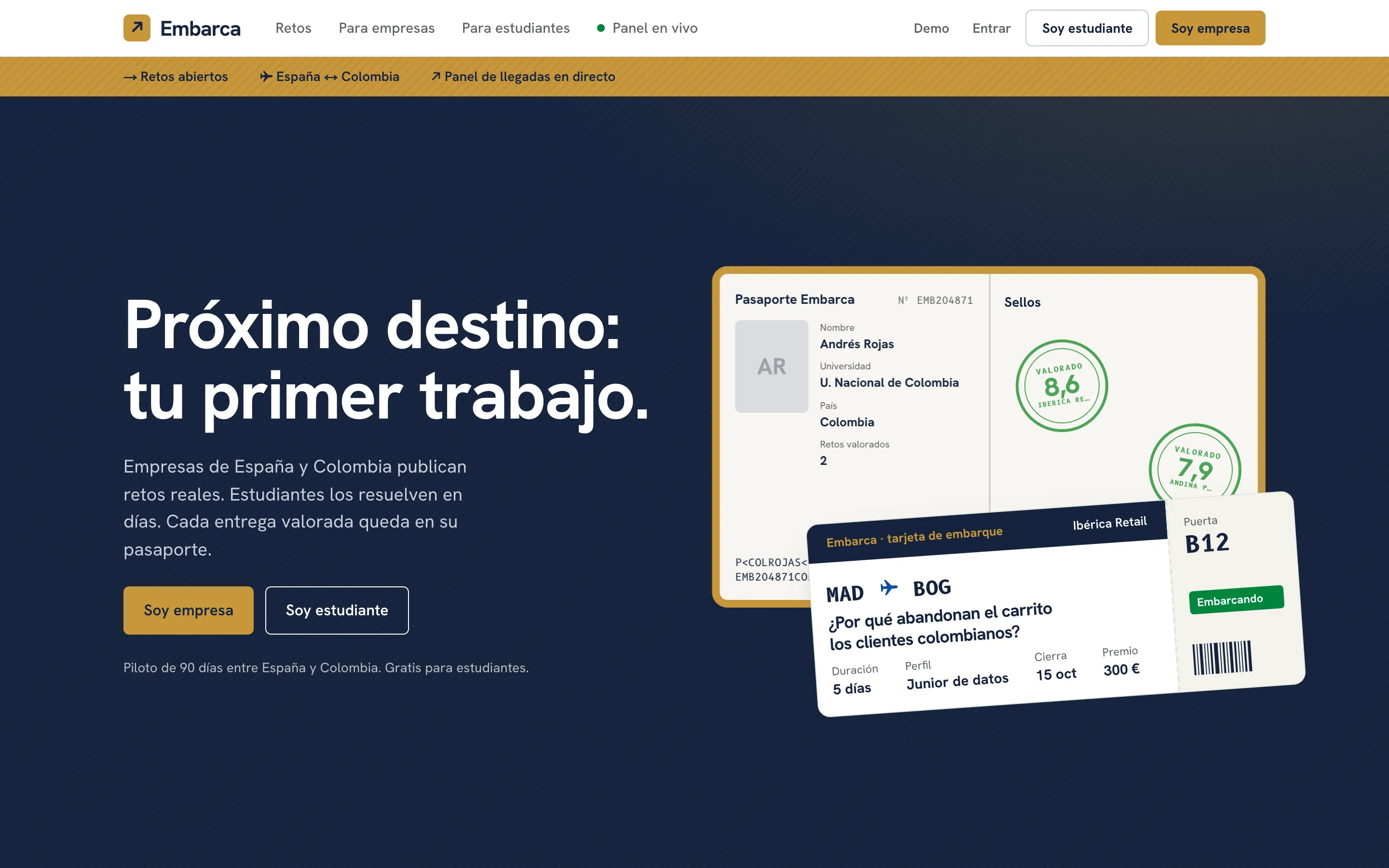 The Embarca home page: "Next destination: your first job", beside a passport and a boarding pass